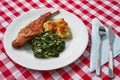 Roasted rabbit leg, marinated in garlic and rosemary served with spinach and potato dumplings Royalty Free Stock Photo