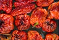 Roasted red peppers in baking tray. Top view Royalty Free Stock Photo
