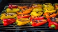 Roasted red and yellow peppers in baking tray on a wooden background. Generative AI Royalty Free Stock Photo