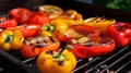 Roasted red and yellow peppers in baking tray on a wooden background. Generative AI Royalty Free Stock Photo