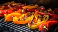 Roasted red and yellow peppers in baking tray on a wooden background. Generative AI Royalty Free Stock Photo