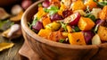 Roasted Root Vegetables and Greens in a Wooden Bowl Royalty Free Stock Photo