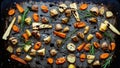 Roasted root vegetables with herbs on a baking sheet, ready to eat Royalty Free Stock Photo