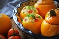 Roasted round zucchini stuffed with rice and mozzarella. Top view Royalty Free Stock Photo