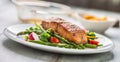 Roasted salmon steak with asparagos broccoli carrot tomatoes rad Royalty Free Stock Photo