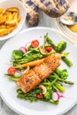 Roasted salmon steak with asparagos broccoli carrot tomatoes rad Royalty Free Stock Photo