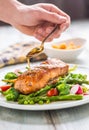 Roasted salmon steak with asparagos broccoli carrot tomatoes rad Royalty Free Stock Photo