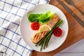 Roasted salmon steak with asparagos tomatoes  with fresh vegetable Royalty Free Stock Photo