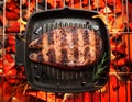 Roasted salmon steak in frying pan on bbq grate over hot pieces of coals. Top view Royalty Free Stock Photo