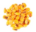 Roasted salted corn nuts isolated on white background. Beer snack, dry corn with spices. Top view. Royalty Free Stock Photo