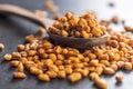 Roasted salted corn snack on spoon on black table Royalty Free Stock Photo