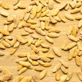 Roasted salted dry melon seeds, on bamboo cutting board Royalty Free Stock Photo