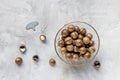 Macadamia nuts in shell in bowl on gray background