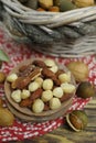 Roasted salted nuts mix, snack from macadamia, walnotes and almonds