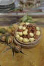 Roasted salted nuts mix, snack from macadamia, walnotes and almonds