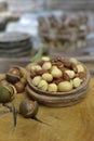 Roasted salted nuts mix, snack from macadamia, walnotes and almonds Royalty Free Stock Photo