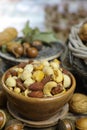 Roasted salted nuts mix, snack from macadamia, walnotes and almonds Royalty Free Stock Photo