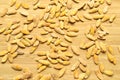 Roasted salted dry melon seeds, on bamboo cutting board Royalty Free Stock Photo