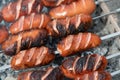 roasted sausages on barbecue grill. BBQ party in garden Royalty Free Stock Photo