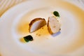 Roasted scallop appetizer served on a white plate Royalty Free Stock Photo