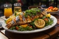 Roasted sea bass tasty seafood served at restaurant , Generative AI Royalty Free Stock Photo
