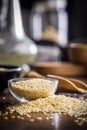 Roasted sesame seeds in bowl on wooden table Royalty Free Stock Photo