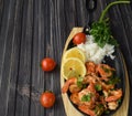 Roasted shrimps with lemon, garlic,herbs and white rise, seafood