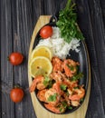 Roasted shrimps with lemon, garlic,herbs and white rise, seafood