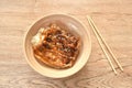 roasted slice pork bacon dressing Teriyaki Japanese sauce on rice in bowl Royalty Free Stock Photo