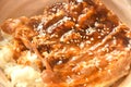 roasted slice pork bacon dressing Teriyaki Japanese sauce on rice in bowl Royalty Free Stock Photo