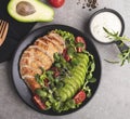 Roasted sliced chicken fillet with avocado, tomatoes and herbs on a plate healthy nutrition