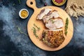 Roasted sliced Christmas ham of turkey. large piece of baked pork with mustard on a cutting board. banner, menu recipe place for