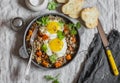 Roasted sweet potato, quinoa and fried egg bowl. Delicious healthy breakfast or lunch. Royalty Free Stock Photo