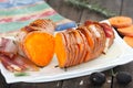 Roasted sweet potatoes with rosemary and olives Royalty Free Stock Photo