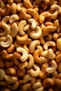 Roasted tasty cashew nuts as background. The view from top. Vertical.Close-up. Generative AI