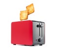 Roasted toast bread popping up of red toaster, isolated on white background. File contains a path to isolation. Royalty Free Stock Photo