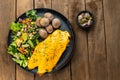 Roasted trout bathed in onion sauce - Vegetable salad with baked potatoes