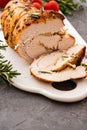 Roasted turkey breast with spicy herbs, selective focus. Copy space. Royalty Free Stock Photo