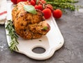 Roasted turkey breast with spicy herbs, selective focus. Copy space. Royalty Free Stock Photo