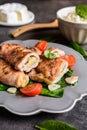 Roasted turkey breasts stuffed with Camembert, served with rice Royalty Free Stock Photo