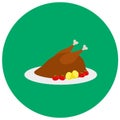 Roasted turkey for dinner cute icon in trendy flat style isolated on color background.