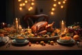 Roasted turkey dish with autumnal decoration on a table Thanksgiving dinner Generative Ai