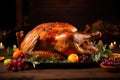 Roasted turkey with fruits on rustic wooden table. Thanksgiving dinner with baked poultry