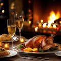 Roasted turkey garnished with herbs and oranges. Wine glasses, candles, glowing fireplace. Fine dining