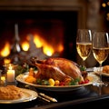 Roasted turkey garnished with herbs and oranges. Wine glasses, candles, glowing fireplace