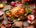Roasted turkey garnished with potato. Thanksgiving or Christmas dinner Royalty Free Stock Photo