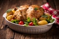 Roasted turkey garnished with potato and veg. Thanksgiving Christmas dinner. Chicken, roasted Royalty Free Stock Photo