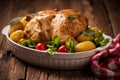 Roasted turkey garnished with potato and veg. Thanksgiving Christmas dinner. Chicken, roasted Royalty Free Stock Photo