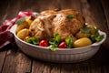 Roasted turkey garnished with potato and veg. Thanksgiving Christmas dinner. Chicken, roasted Royalty Free Stock Photo