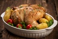 Roasted turkey garnished with potato and veg. Thanksgiving Christmas dinner. Chicken, roasted Royalty Free Stock Photo